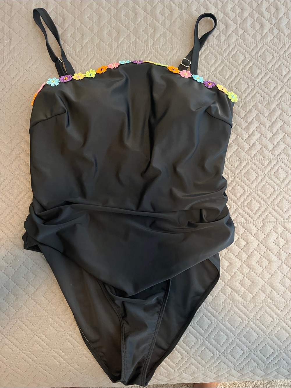 Women’s Black One-Piece Swimsuit with Colorful Flower Trim